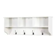 White Wall Mounted Coat Rack with 4 Hooks Wooden Storage Shelf for Living Room