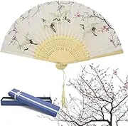Folding Hand Fans, Handheld Folding Fan for Women, Chinese Vintage Style Handheld Silk Folding Fan for Birthday Wedding Party Decoration (White)