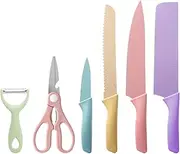 [TJ POP] Colourful Kitchen Knife Set 6 Pcs, Coloured Knives Set with Non-Stick Coated Stainless Steel Blades for Slicing, Dicing, Cutting, Multicolor Chef Knife Set with Scissors & Peeler in Gift Box