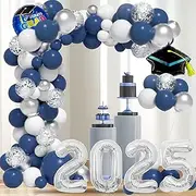 Blue Graduation Balloon Arch kit 2025 Graduation Party Decorations -124PCS Navy blue silver balloons, 32 inch 2025 balloon and Graduation foil balloon for blue graduation decorations class of 2025