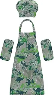 AIXIWAWA Kids Apron Chef Hat Set, Child Kitchen Bib Aprons Adjustable for Cooking Baking Painting (Green Dinosaurs)