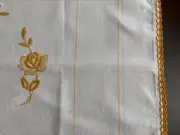 Cross Stitch Embroidery White Table Topper/Tablecloth with Embroidered Gold Rose