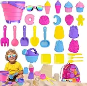 Fegalop 31PCS Beach Toys, Sandbox Toys with Collapsible Sand Bucket, Shovel Set, Ice Cream Cake Molds,Mesh Bag, Summer Water Poor Sea Outdoor Play Travel Toys for Kids Toddlers Boys Girls