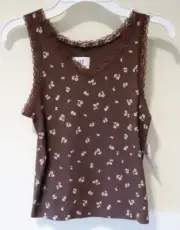 NWT Gap Teen Brown Ribbed Knit Floral Lace Trimmed Tank Top Girl's Size 18-20