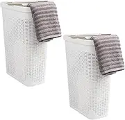 Mind Reader 40L Slim Laundry Hamper, Clothes Basket, Lid, Wicker Design, Plastic, 18"L x 10.4"W x 23.5"H, Set of 2, White