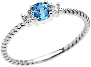 [Dainty and Elegant Gold Rings] 14k White Gold Dainty Solitaire Blue Topaz and White Topaz Rope Design Stackable/Proposal Ring
