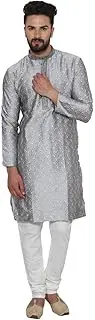 [Royal Kurta] Sojanya Men's Neck Embroidery Kurta & Churidaar Pyjama,Jacquard Silk 42 Grey