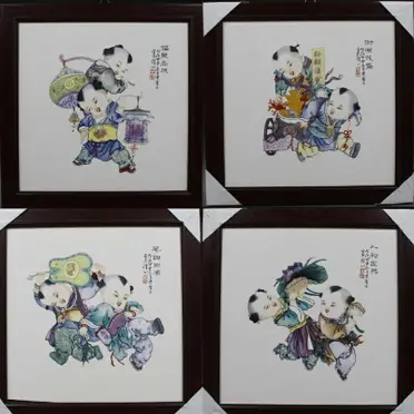 陶磁板画財宝童子人物背景壁有額壁挂屏装飾画4枚セット販売 景德鎮陶瓷板畫催財童子人物背景墻有框壁掛屏裝飾畫1入| 銀聯網日用品