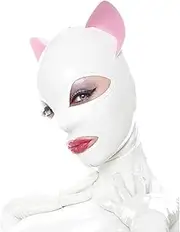 ABWL Handmade Natural Rubber Latex Cat ears Hood Mask,White Latex Hood Mask for Men and Women with Back Zipper