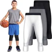 [Tisancy] 3 Pcs 3/4 Leggings for Sports Quick Dry Basketball Compression Pants Base Layer Athletic Tights for Sports Baseball