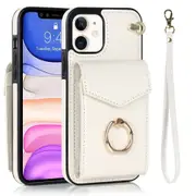 RFID Anti-Theft iPhone Wallet Case With Card Holder Finger Ring Holder-White