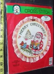 Vintage Stamped Cross stitch Merry Christmas Santa Clause 10 inch COMPLETE KIT