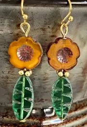 Green and Orange Picasso Flower Gold Dangle Earrings. Love. Bloom.