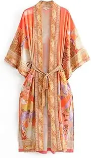 [EDOKAR] Silk Kimono Long Robe Mermaid Beach Cover Up Boho Tulum Beach Cover Up Dress Chiffon/Rayon Open Front Cardigan for Women