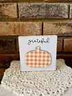 Grateful Plaid Pumpkin Fall Or Thanksgiving Block Shelf Sitter Tier Tray Decor