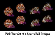 SET OF 4 BALL SPORTS RHINESTONE IRON ON TRANSFER HOTFIX