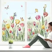 Tulips Flower Double Sided Window Clings Gifts for Mom Garden Floral Butterfly Window Decals Anti-Collision Glass Doors Window Stickers