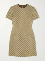 [Gucci] Gucci - Belted Leather-trimmed Cotton-blend Canvas Mini Dress - Camel - IT40 IT 40 Brown