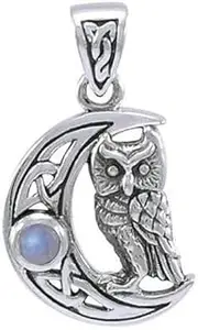 [Holistic Trader] Owl on Crescent Moon (925 Sterling Silver) with Rainbow Moonstone by Peter Stone Jewellery, Sterling Silver