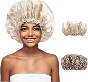 TRENDYSUPPLY Shower Cap, 2 Pack Extra large Satin Adjustable & Reusable for Dreadlocks, Jumbo Waterproof Bath Cap for Women, Girls, Braids, Long Hair (Leopard+Gold)