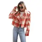 Women Checkered Coat Short Plaid Stylish Print Women's Jacket with Turn-down