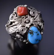 Size 10-1/2 Silver & Turquoise Coral Navajo Men's Ring by Sarah Yazzie 4L10O