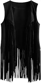 [tuduoms] Womens Vintage Western Fringe Vest Tops Classic Suede Leather 70s Cowboy Shirt Sleeveless Tassels Cardigan Jackets