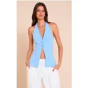 Sky Blue Peach Skin Halterneck Long Top, Sky Blue