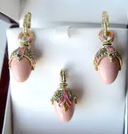 SUPERB ENAMEL EGG PENDANT & EARRINGS SET STERLING SILVER 925 GENUINE CORAL