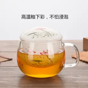 釉下彩耐熱玻璃杯三件式透明茶杯陶瓷泡茶杯 (8.3折)