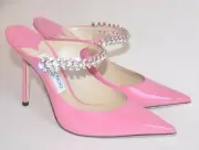 JIMMY CHOO Bing 100 Embellished Patent Leather Pink Mule Heels Size 38.5 / 8.5