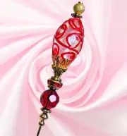 HATPIN with RED GLASS DESIGN on CLEAR FROSTED OVAL GLASS - GOLD FINISH SETTING