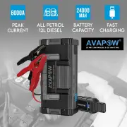 AVAPOW T8 MAX 6000A Portable Car Jump Starter 24000mAh Power Bank LED Light
