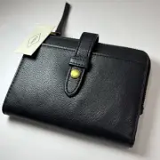 NWT Fossil Fiona Multifunction Bi-Fold Wallet- Solid Black Leather Clasp