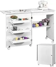 PeiQi Folding Sewing Table, Multipurpose Craft Station 2-in-1 Movable Sewing Desk w/Storage,Rolling Sewing Machine Cart Cabinet for Home Apartment