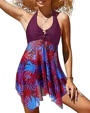 [Holipick] Two Piece Swimdress Swimsuit for Women Halter Bathing Suit Flowy Mesh Tankini Swim Dress with Tummy Control Boyshort