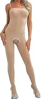 [FiwoXam] Women's Bodysuits Pantyhose Bodystocking Ultra Shimmery Stretch Toe to Bust Crotchless Body Stocking Lingerie, Nude, One size