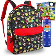 Mario Backpack for Boys 6-8 - Bundle with 16" Super Mario Backpack Plus Water Bottle, Stickers, More | Super Mario Bros Backpack for Kids, Multicolor, Super Mario Backpack, Mario Backpack, Mario