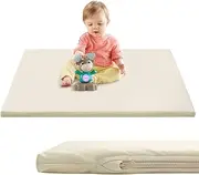 ‌Playpals Baby Play Mat, Extra-Thick Vegan Leather Activity Mat with Washable Removable Cover, Non-Slip Cushioned Crawling Mat for Infants, Babies & Toddlers, Easy-Clean Floor Mat, 121x121cm Beige‌