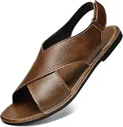 [HDFDB] Men's Genuine leather Handmade Strappy Flat Sandals adjustable back Hook and loop open toe Outdoor Sandals Summer Casual vacation beach Sandals