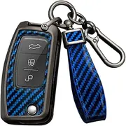 HIBEYO Key Fob Cover for Ford Fiesta Focus 2 Ecosport Kuga Escape Falcon B-Max C-Max Eco Sport Galaxy Accessories with Keychians PVC Carbon Fiber Key Case for Ford Key Protector-Blue