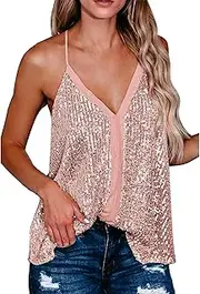 [Maciun] Undershirt Tank Top - Low Neckline Sequin Spaghetti Strap Camisole - V Neck Sequined Loose Camisole, Casual Comfy Top Underwear Vests, Basic for Women