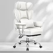 [BESTFAIR] Ergonomic Office Chair with Footrest, Reclining Big and Tall Desk Chair, Leather Executive Office Chair with Lumbar Support, Comfy Wide Seat Computer Gaming Chair for Adults, White