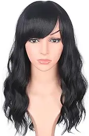 SYMEIW Medium Long Black Wavy Wigs For Women Synthetic Full Hair Natural Black Wigs With Side Bangs For Daily Use 16 Inches (NATURAL BLACK(1#))