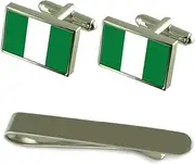 [Select Gifts] Nigeria Flag Silver Cufflinks Tie Clip Box Gift Set
