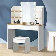 Oikiture Dressing Table Stool Desk Sets with Mirror Lights and Drawers for Girls Women Bedroom Furniture Makeup Storage 10 LED Bulbs,White