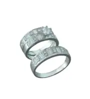 Silver Trio Wedding Ring Sets, 0.925 Sterling Emerald Cut CZ Stones - S-883