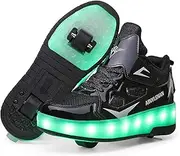 Unisex Kids Roller Skates Shoes USB Charging LED Lights Luminous Trainers Double Wheels Retractable Technical Skateboarding for Boys Girls,Black-1.5LittleKid
