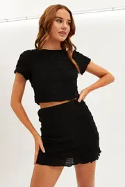 Black Mesh T-Shirt Gathered Texture Detail Short Sleeve - Size S, Women's Top