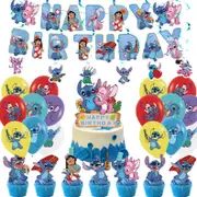 Stitch Theme Birthday Party Decorating Set - Party Banner Laxtex Balloons Cake Cupcake Toppers Swirls